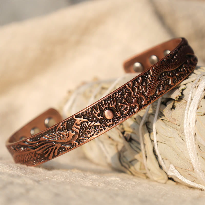 Buddha Stones Dragon Phoenix Magnetic Solid Copper Cuff Bracelet Bangle Bracelet Bangle BS 1