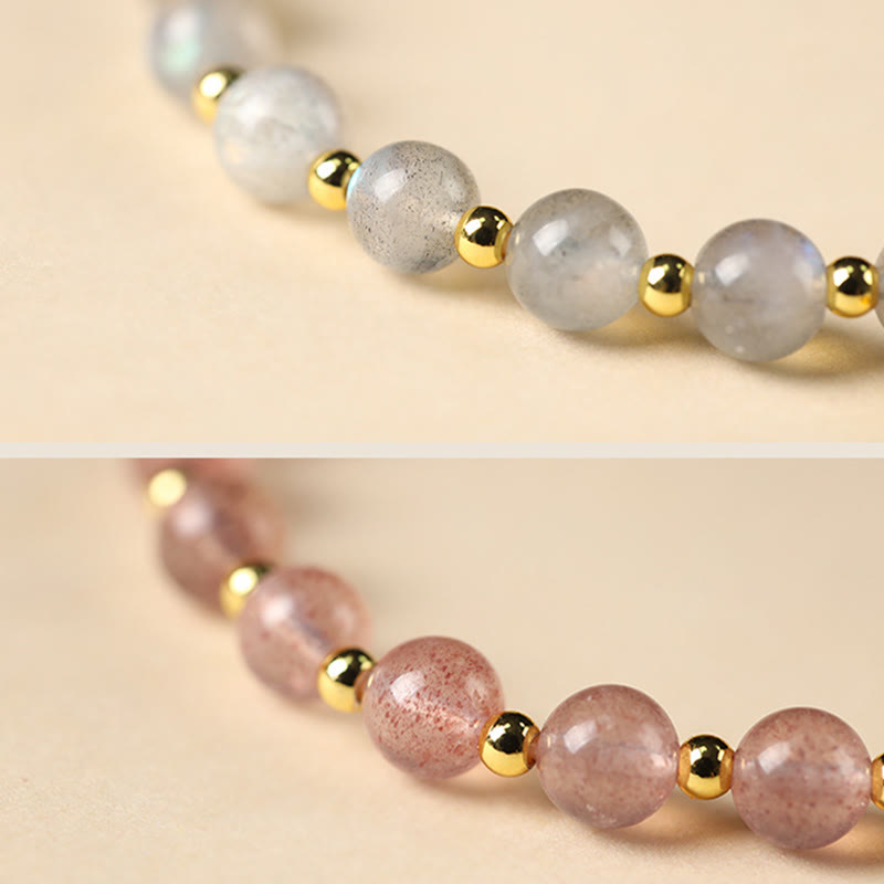 Buddha Stones 14K Gold Plated Natural Strawberry Quartz Labradorite Sun Stone Fu Character Positive Charm Bracelet Bracelet BS 16