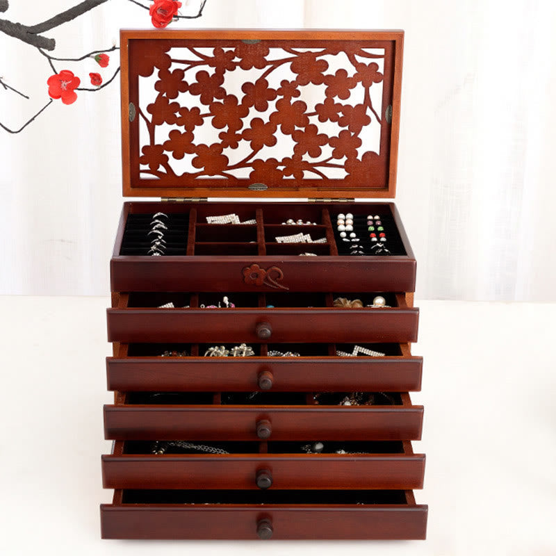 Buddha Stones Vintage Plum Blossom Carved Wooden Jewelry Box Six-Layer Jewelry Storage Box Jewelry Box BS 1