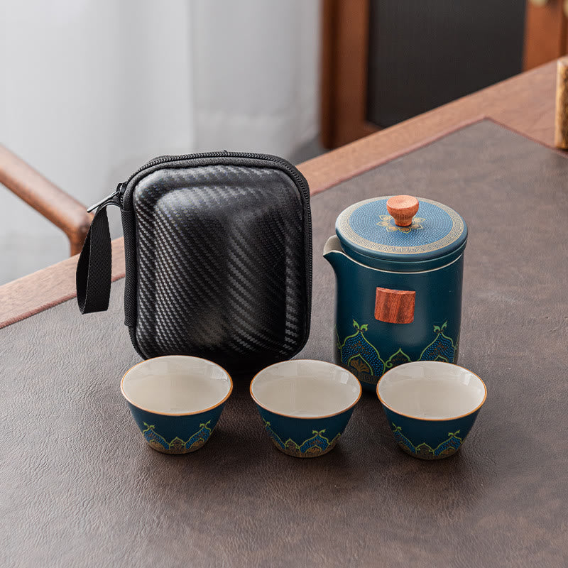 Buddha Stones Flower Chinese Gongfu Ceramic Teapot Portable Outdoor Travel Tea Set Bag Teapot BS Cyan 1 Teapot+3 Cups+1 Bag