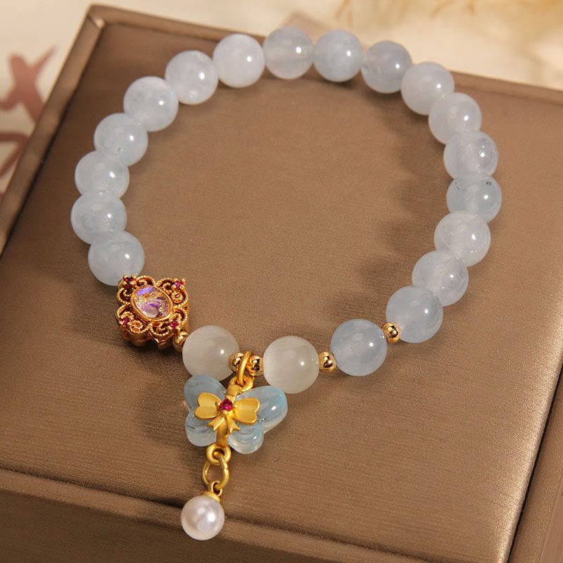 Buddha Stones Aquamarine Cat's Eye Healing Butterfly Pearl Charm Bracelet Bracelet BS 2