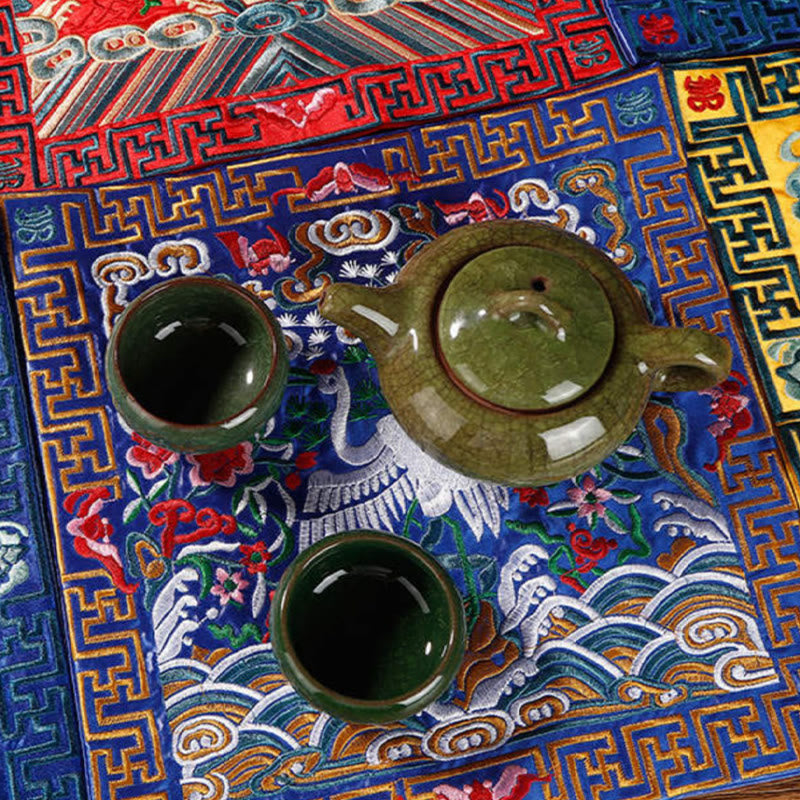 Buddha Stones Crane Phoenix Dragon Kirin Embroidered Cup Mat Pad Tea Cup Coaster Square Kung Fu Tea Mat Tea Mat BS 2