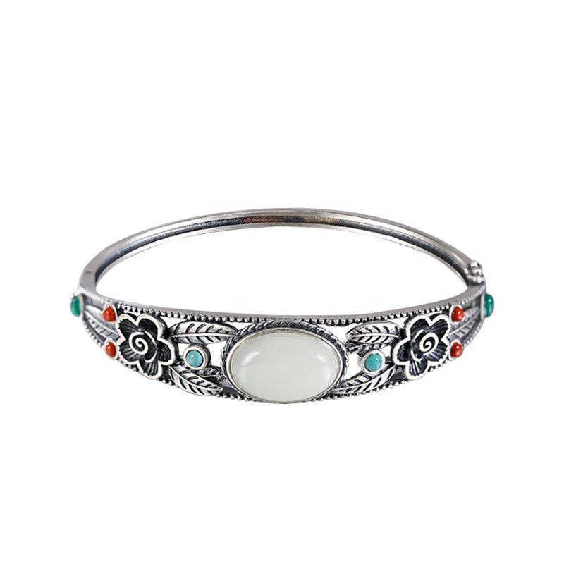 Buddha Stones Cyan Jade White Jade Flower Leaf Harmony Luck Bracelet Bangle Bracelet Bangle BS 12
