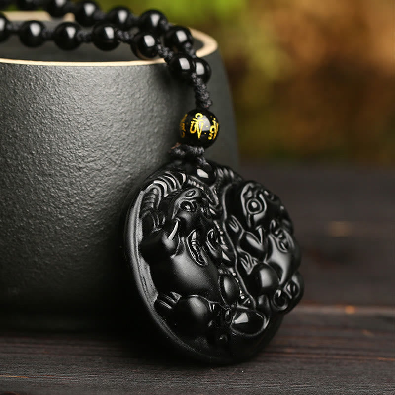 Buddha Stones Black Obsidian Double Pixiu Bead Rope Purification Necklace Pendant Necklaces & Pendants BS 5