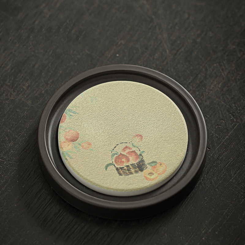 Buddha Stones Plum Blossom Peach Heart Sutra Loquat Magnolia Persimmon Ceramic Cup Mat Pad Coaster Kung Fu Tea Mat Cup Mat BS Peach 7.9*1cm