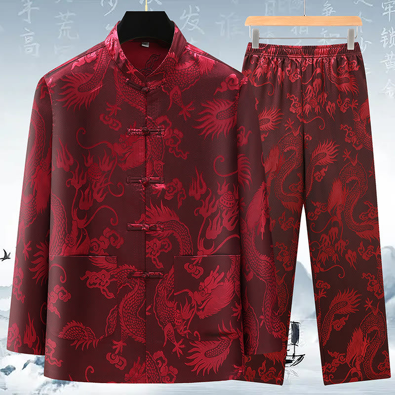 Buddha Stones Tang Suit Men Hanfu Chinese Dragon Traditional Clothes Kung Fu Shirt Uniform Long Sleeved Coat Tops and Pants Clothing Men's Set - Wine Red - US/UK/AU42,EU52 (3XL) - image 14