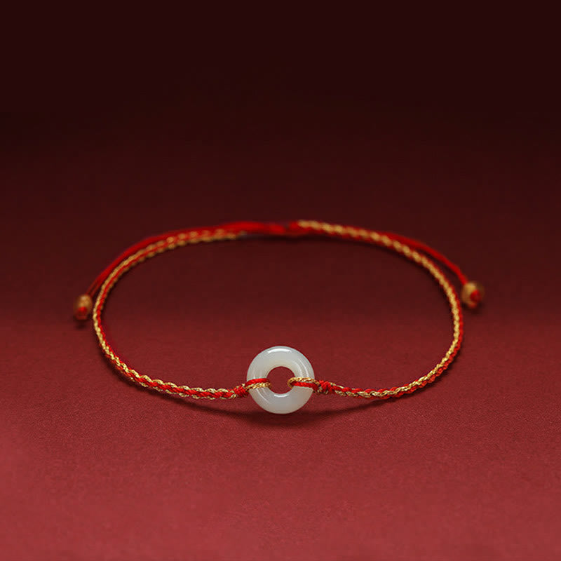 Buddha Stones Round Peace Buckle Jade Luck Abundance Braided Bracelet Anklet Bracelet BS Anklet(Anklet Circumference 21-27cm)