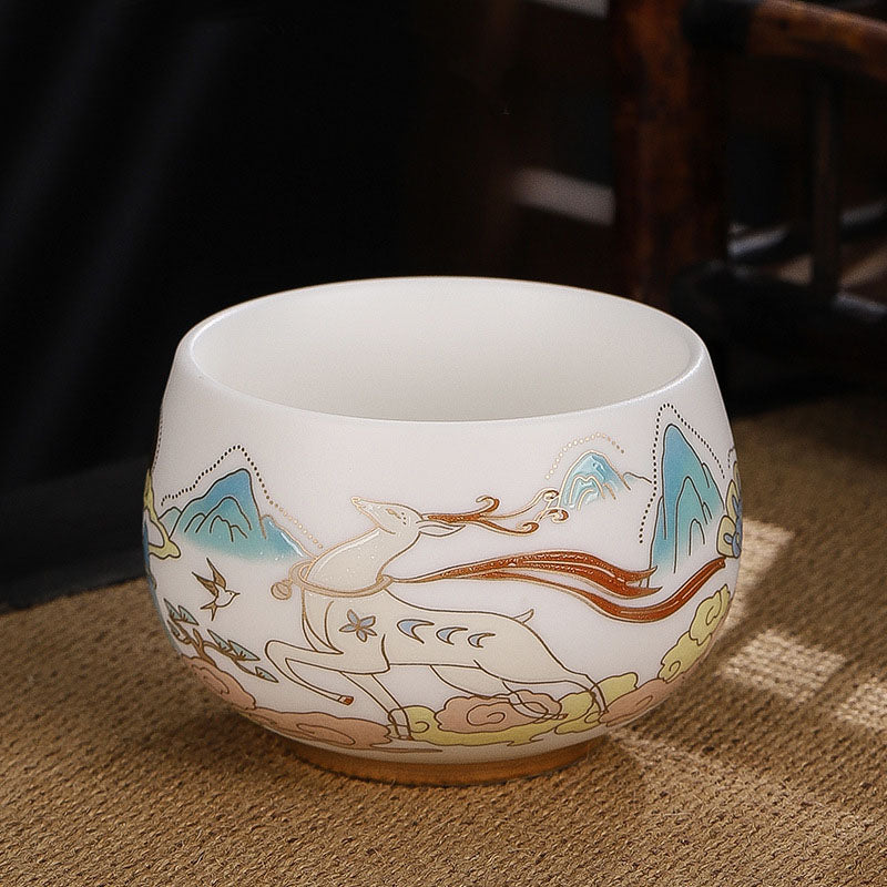 Buddha Stones Dragon Cicada Bamboo Deer Crane Lotus Plum Flower Ceramic Teacup Kung Fu Tea Cup Bowl 185ml Cup BS 11