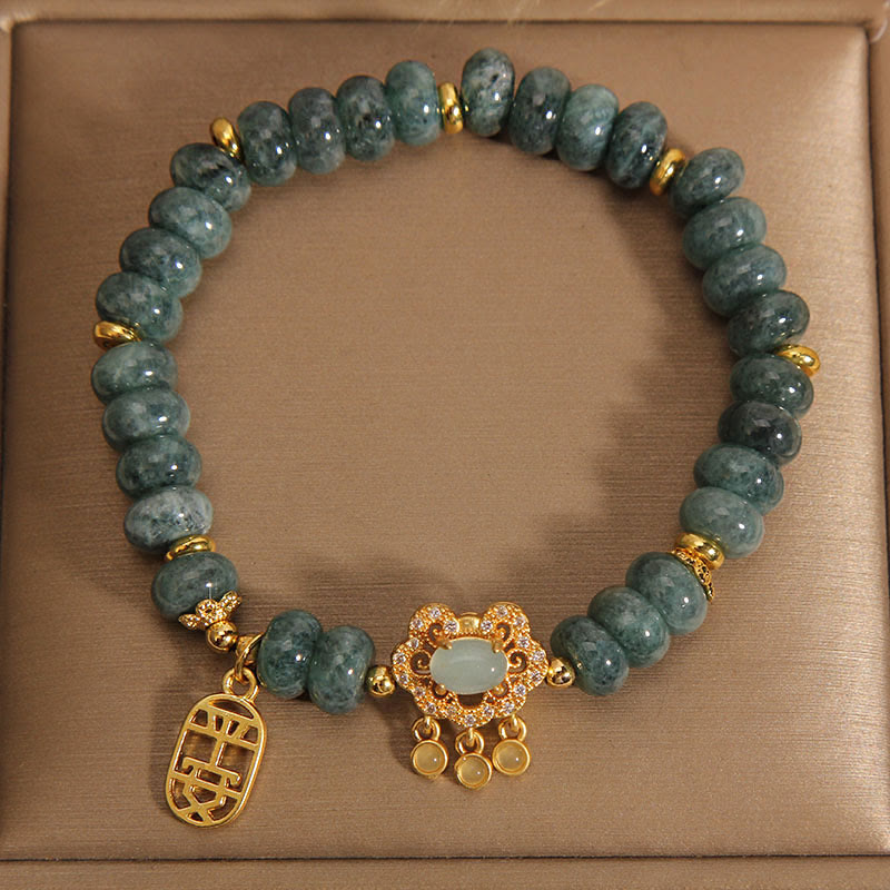 Buddha Stones Natural Jade Chinese Lock Charm Peace Luck Abundance Bracelet Bracelet BS 1