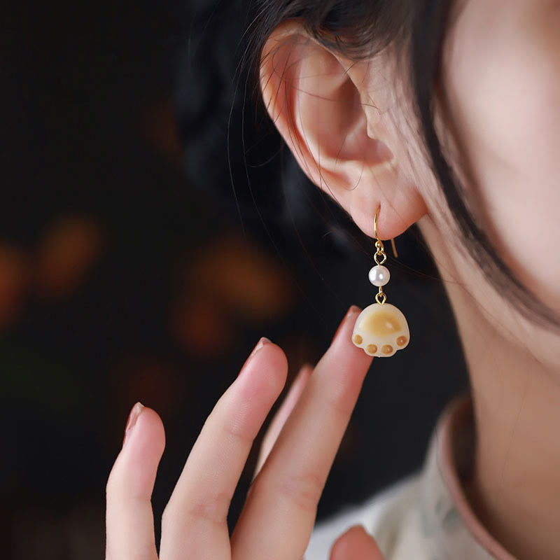 Buddha Stones Bodhi Seed Lovely Cat Paw Claw Peace Dangle Drop Earrings Earrings BS 2