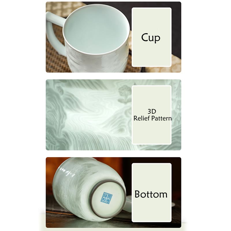 Buddha Stones Jingdezhen White Porcelain Handmade Great Wall Landscape Engraved Ceramic Teacup Office Mug Tea Cups Cup BS 13