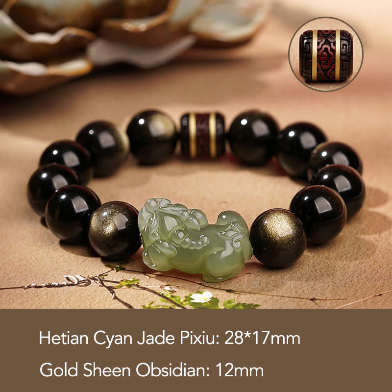 Bracelet PiXiu de richesse en obsidienne dorée naturelle, jade bleu de Hetian et jade blanc Foviel