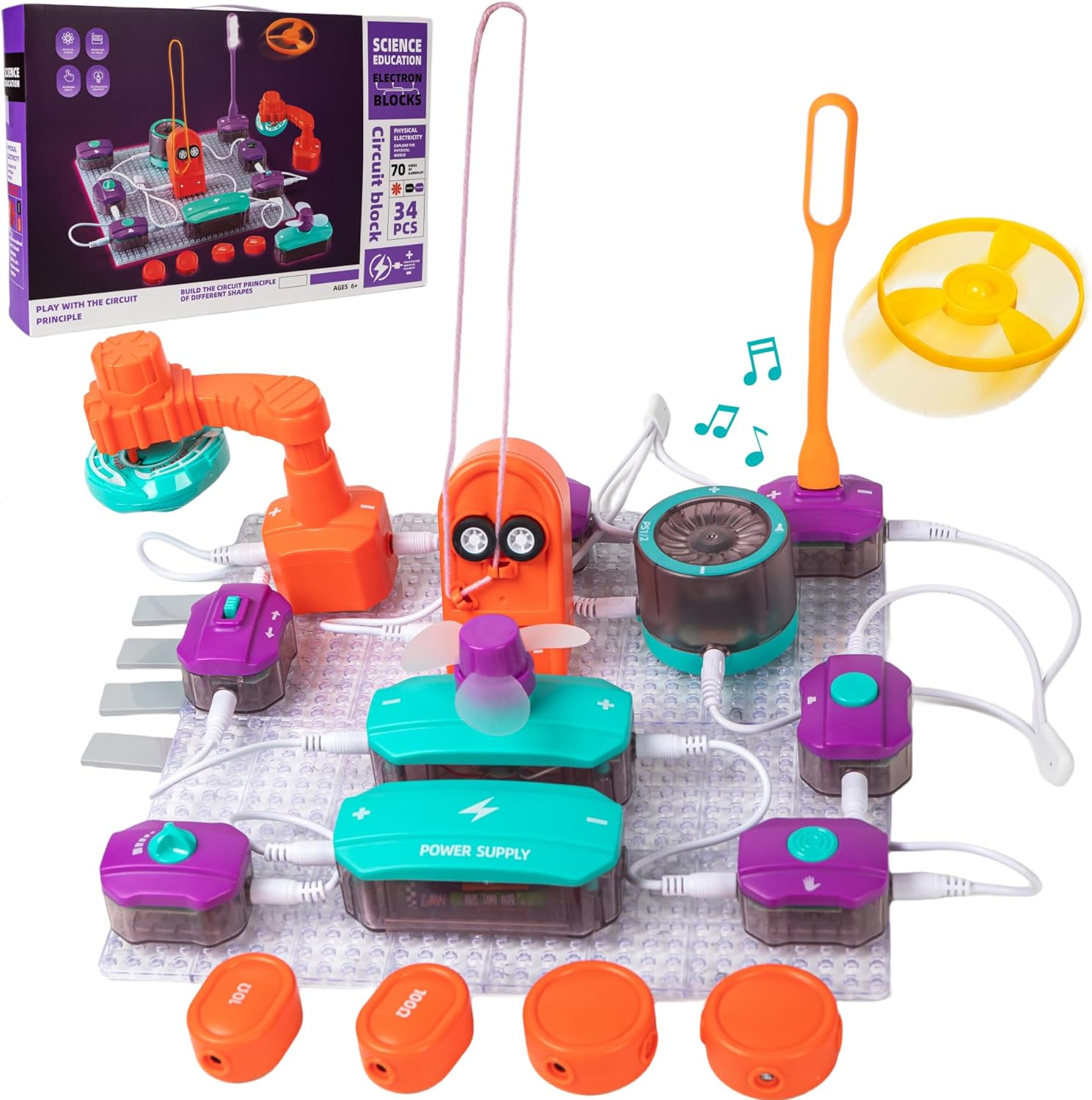 Fidtoy Science Education Electronic Circuit Blocks 34 Pieces for Kids Ages 6+, STEM Electronics Experiment Kit with 70+ Projects, Easy-Connect Circuit Blocks, Fan, Horn, Light Sensor, Switch, Resistors and USB Lamp
