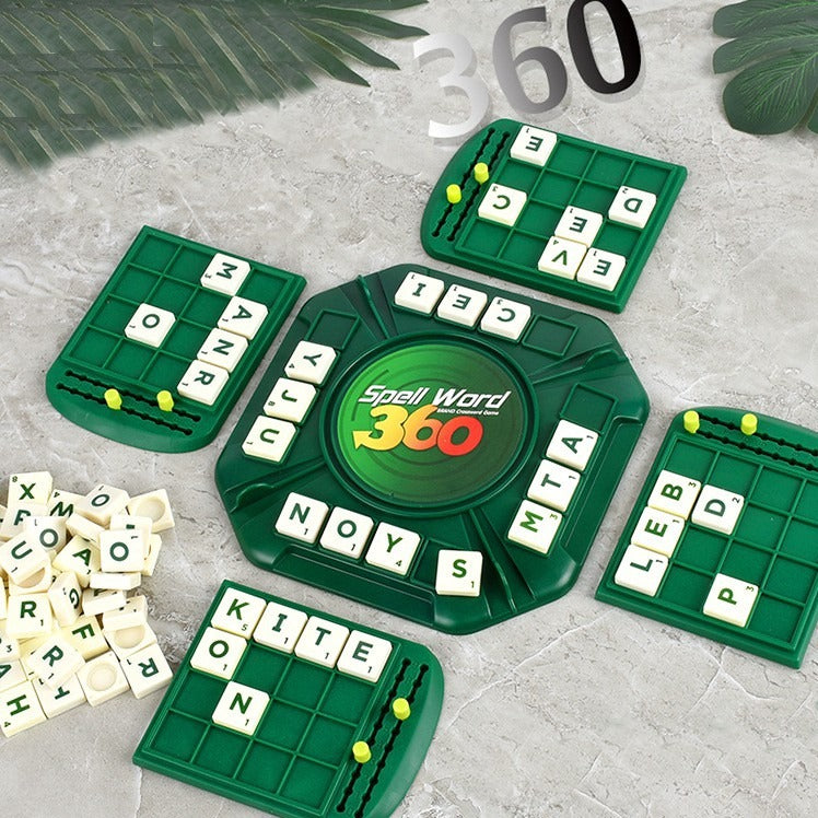 Fidtoy 360 Word Spell Crossword Game for Ages 10+, Plastic Rotating Letter Tile Board Game with 100 Letter Tiles, 4 Player Boards, Scoring Pegs, Family Word Strategy Game for 2-4 Players