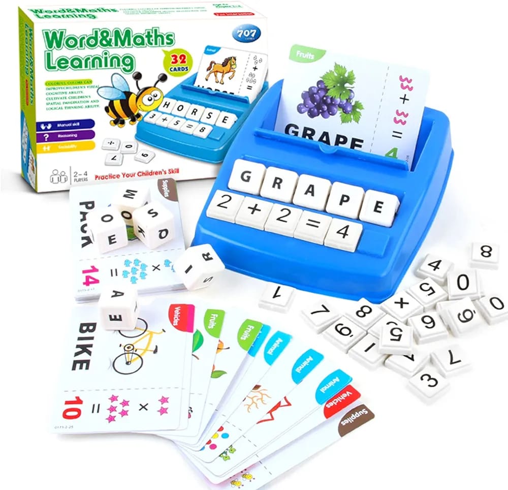 Fidtoy 2in1 Alphanumeric Word and Math Learning Kit, Plastic Preschool Spelling and Counting Game with 64 Word Cards, Letter Blocks, Number Blocks and Math Symbols Ages 2-6