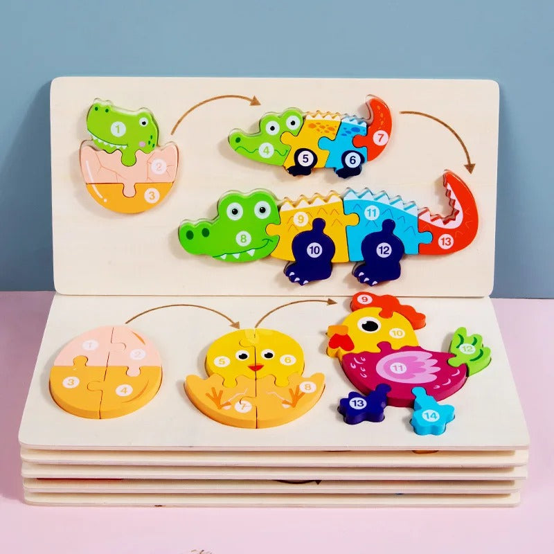 Fidtoy Puzzle 3D cognitif de croissance animale - Animaux aléatoires, Puzzle de croissance animale en bois avec pièces numérotées, Jouet d'apprentissage Montessori sur la nature pour enfants