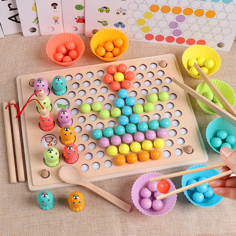 Fidtoy 3 in 1 Wooden Magnetic Fishing with Colorful Bead Holder Set, Wooden Color Sorting Bead Toy with Pattern Cards, Fine Motor Preschool Learning Toy Ages 3+