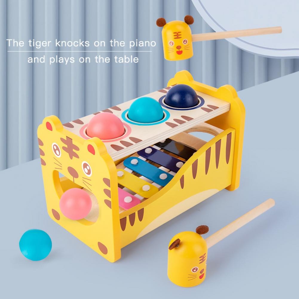 Fidtoy Wooden Tiger Pound Hammering Table with Xylophone, Wooden Hammering Table and Slide-Out Xylophone Music Toy for Fine Motor Skills, Hand-Eye Coordination and Rhythm Play
