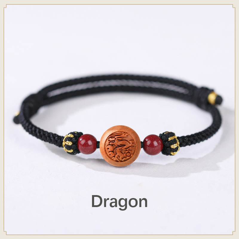 Buddha Stones Natural Peach Wood Chinese Zodiac Fu Character Carved Cinnabar Wealth Bracelet Bracelet BS Dragon-Black(Wrist Circumference 14-22cm)