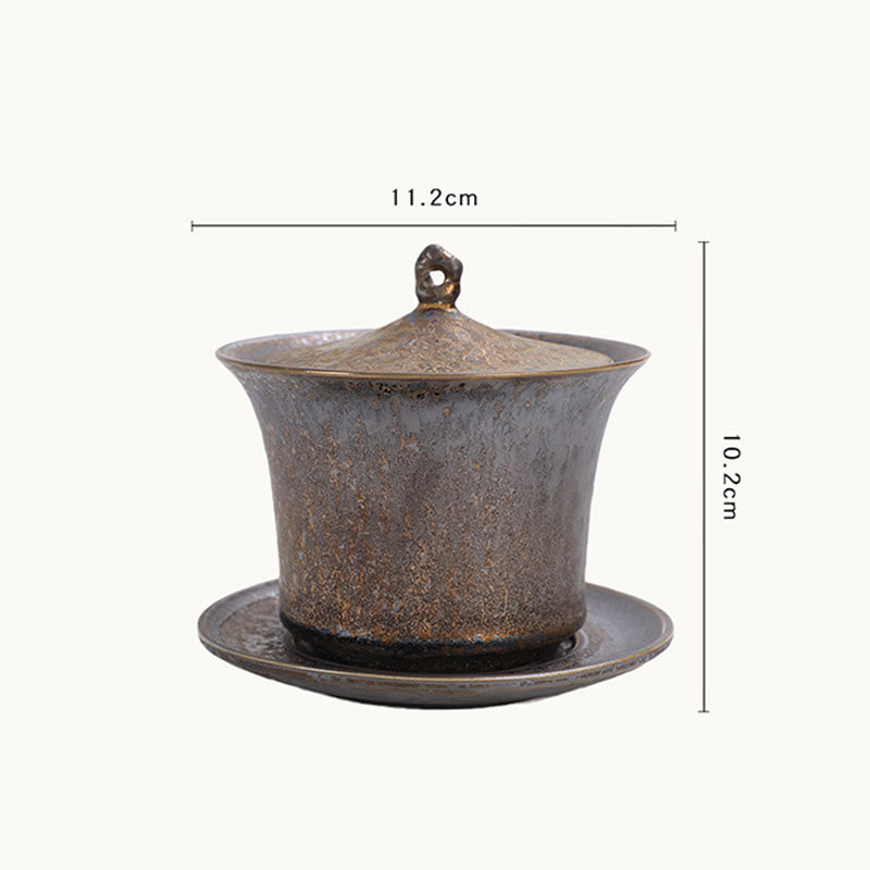 Buddha Stones Retro Rust Glaze Ceramic Gaiwan Sancai Teacup Kung Fu Tea Cup And Saucer With Lid Cup BS 8