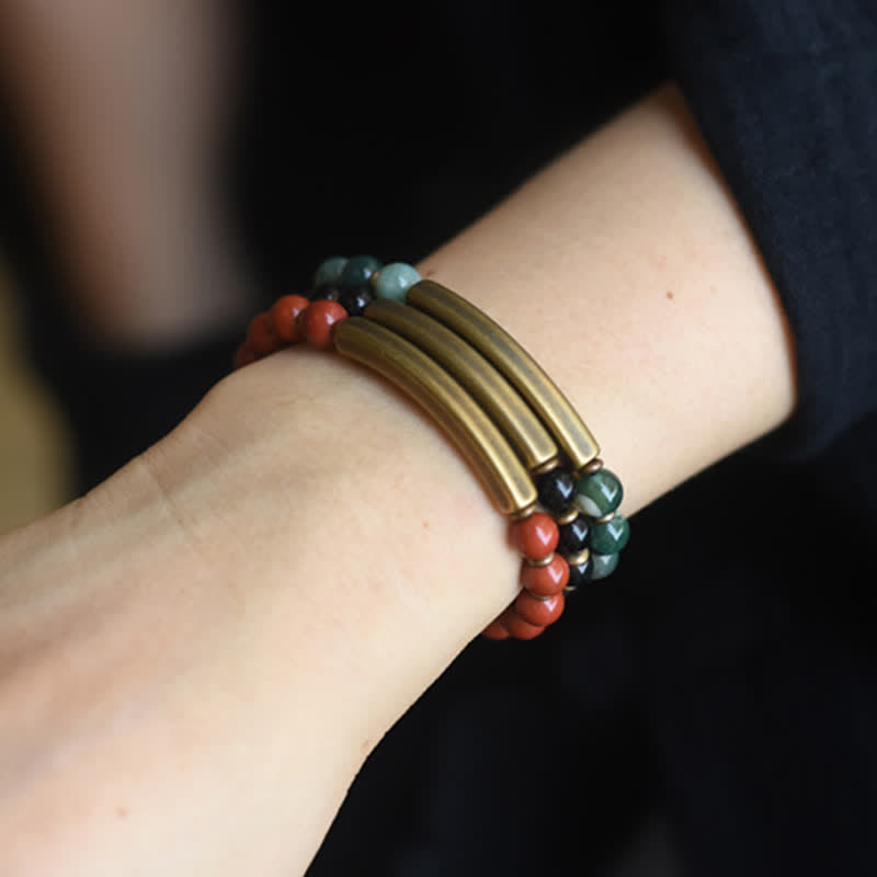 Buddha Stones Red Jasper Moss Agate Black Obsidian Crystal Copper Peace Couple Bracelet Bracelet BS 18