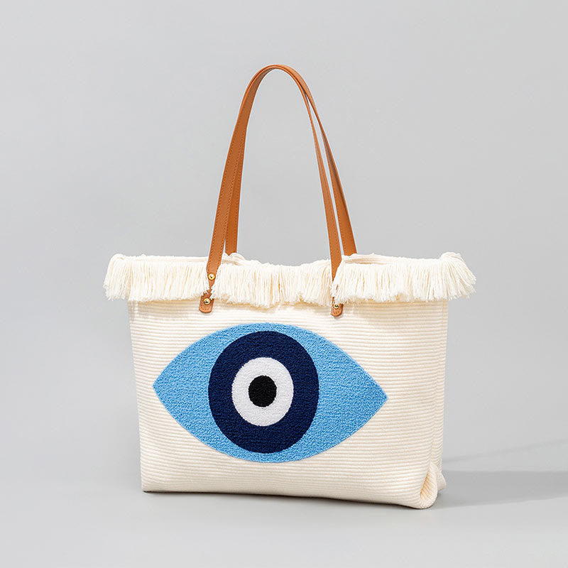 Buddha Stones Large Capacity Evil Eye Leaf Hamsa Tassel Canvas Tote Shoulder Bag Shoulder Bag BS 5