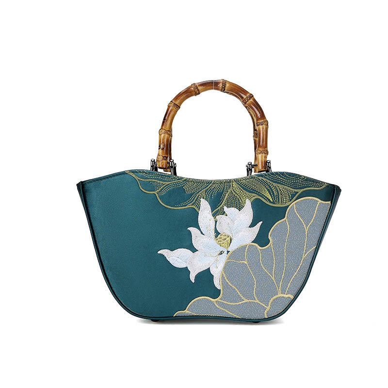 Buddha Stones Lotus Embroidery Bamboo Handle Handbag Handbags BS 2