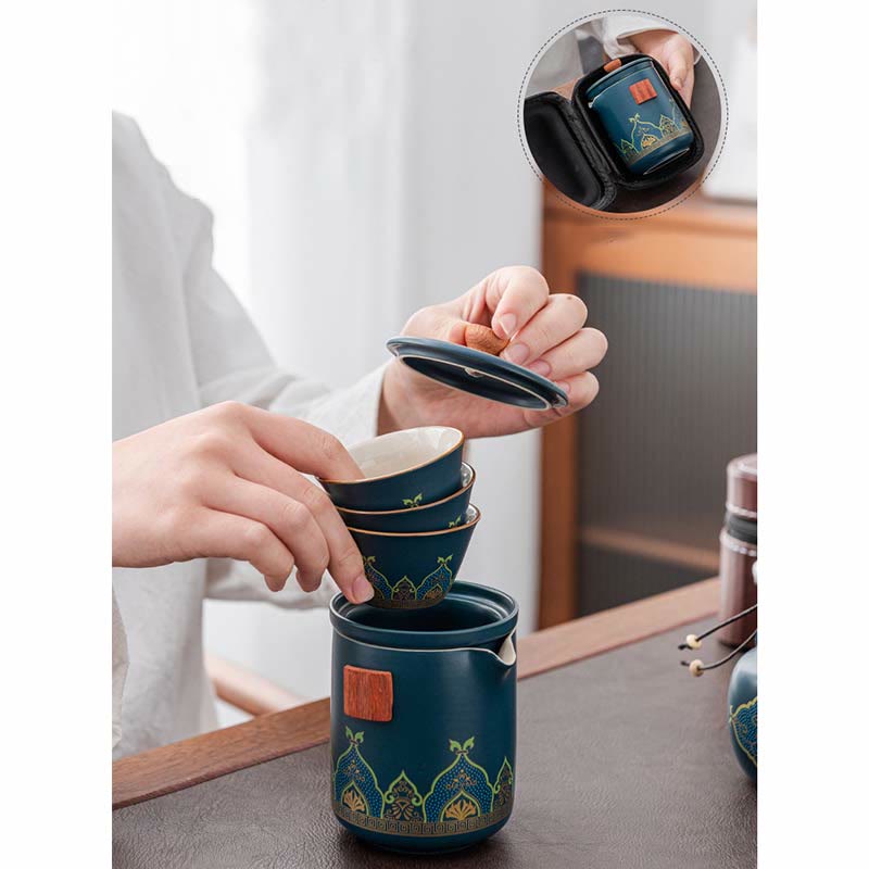 Buddha Stones Flower Chinese Gongfu Ceramic Teapot Portable Outdoor Travel Tea Set Bag Teapot BS 9