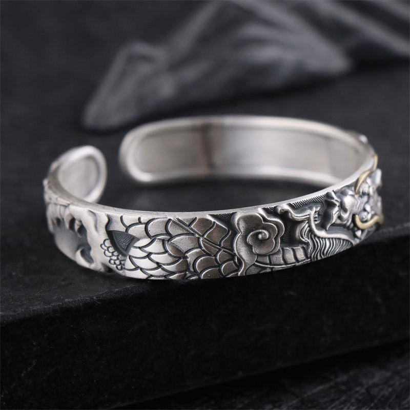 Bracelet jonc Foviel en argent sterling 999 motif dragon force et protection
