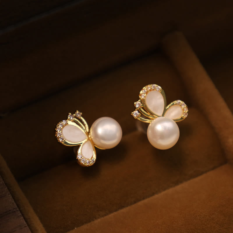 Buddha Stones 925 Sterling Silver Posts 18K Gold Plated Copper Natural Pearl Butterfly Zircon Healing Stud Earrings 1
