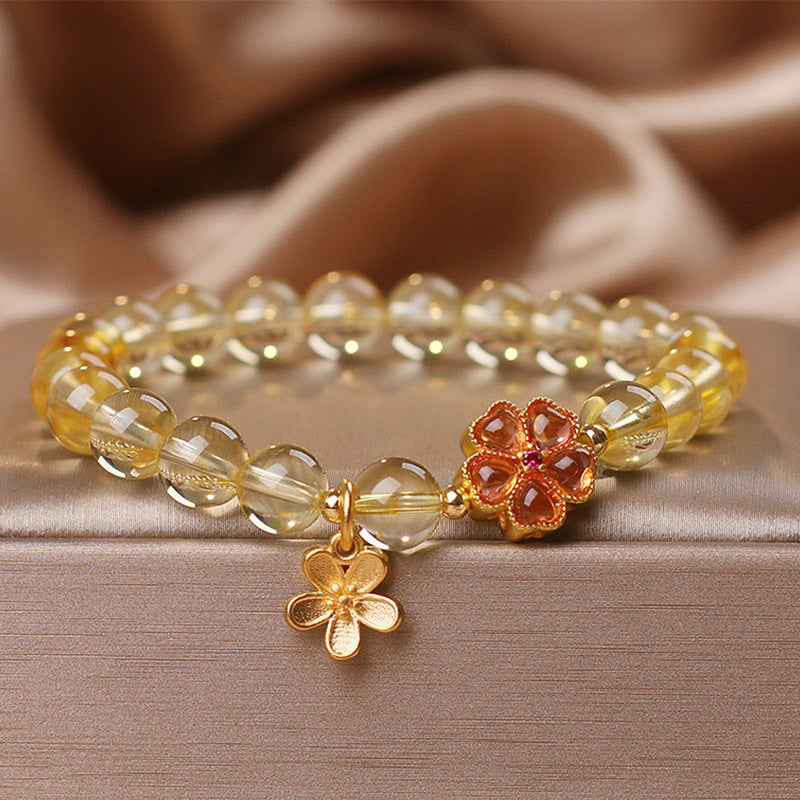 Buddha Stones Natural Citrine Flower Charm Prosperity Protection Bracelet Bracelet BS Citrine(Wrist Circumference 14-16cm)