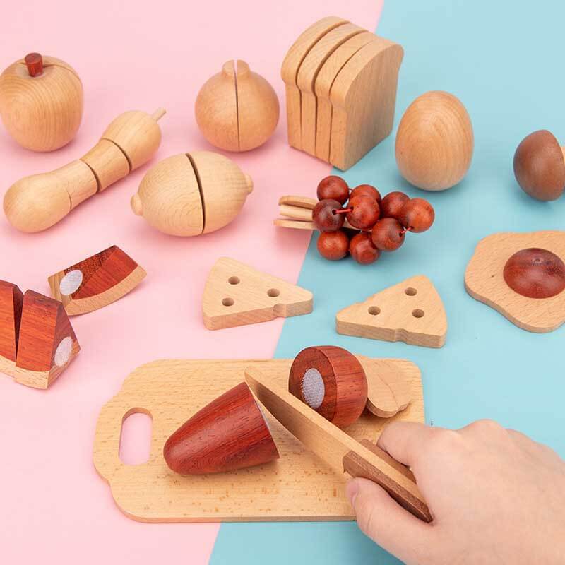 Accesorios de cocina de madera Fidtoy – Juego de cocina de juguete de 15 piezas para niños pequeños