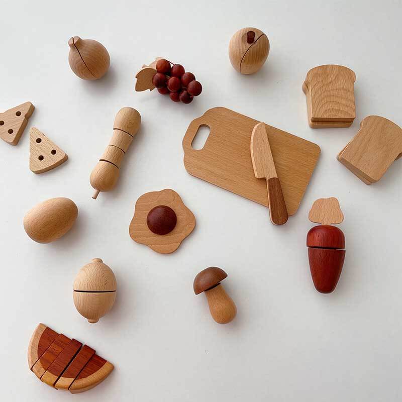 Accesorios de cocina de madera Fidtoy – Juego de cocina de juguete de 15 piezas para niños pequeños