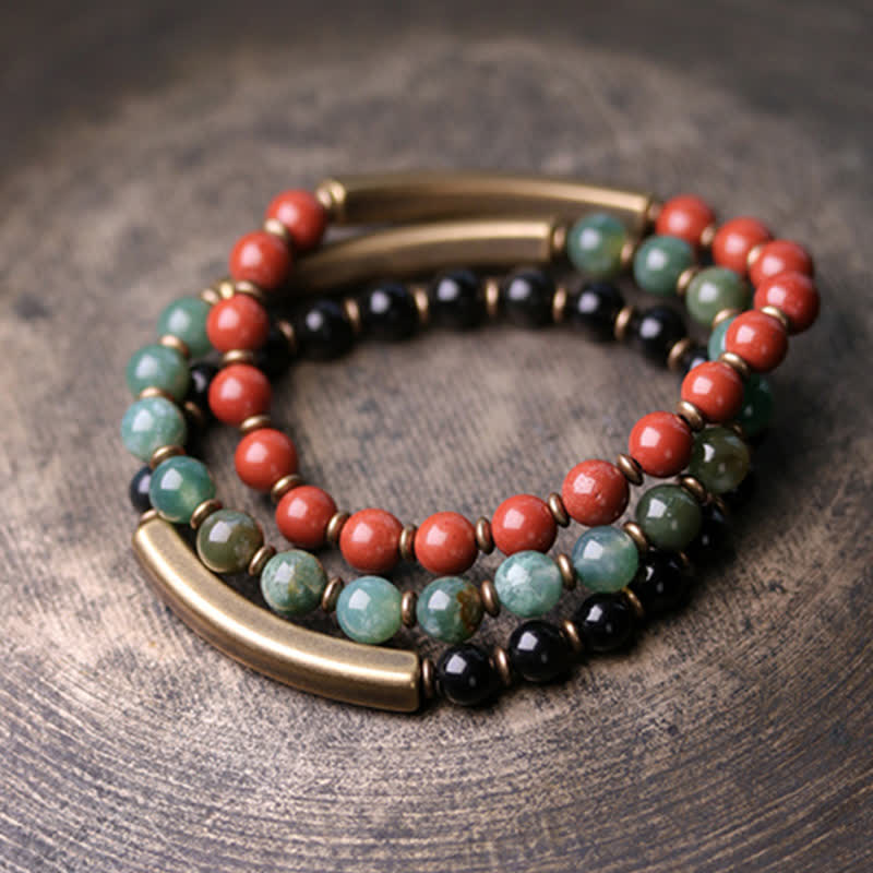 Buddha Stones Red Jasper Moss Agate Black Obsidian Crystal Copper Peace Couple Bracelet Bracelet BS 14