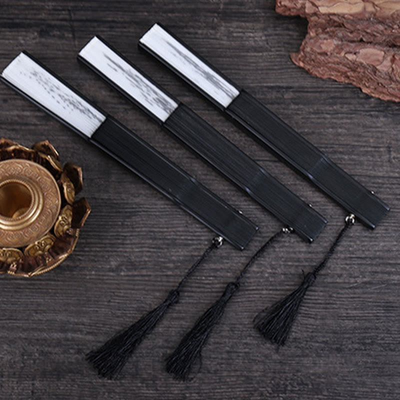 Buddha Stones Mountains Plum Blossom Lotus Magpie Bamboo Leaves Handheld Silk Bamboo Folding Fan 22.5cm 14