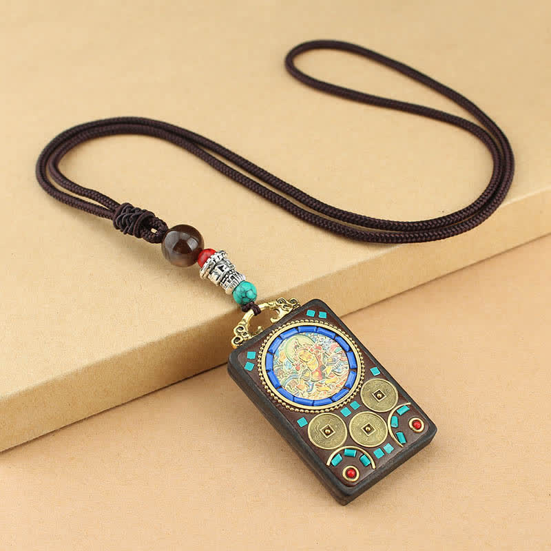 Buddha Stones Tibet God of Wealth Thangka Ebony Peace Necklace Pendant Necklaces & Pendants BS Yellow God of Wealth Thangka