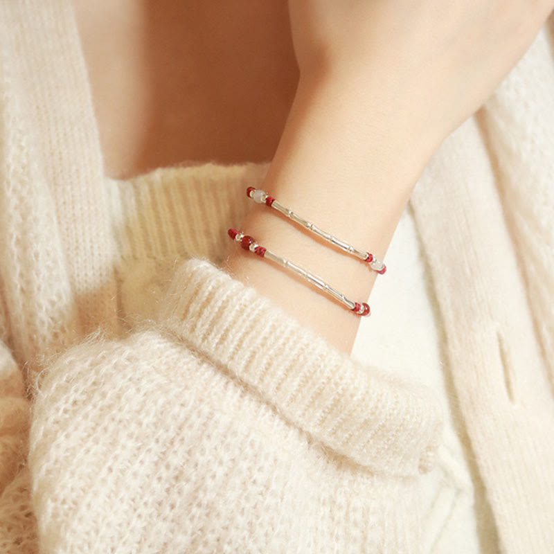 Buddha Stones 925 Sterling Silver Bamboo White Agate Red Agate Bead Protection String Braided Bracelet Bracelet BS 10
