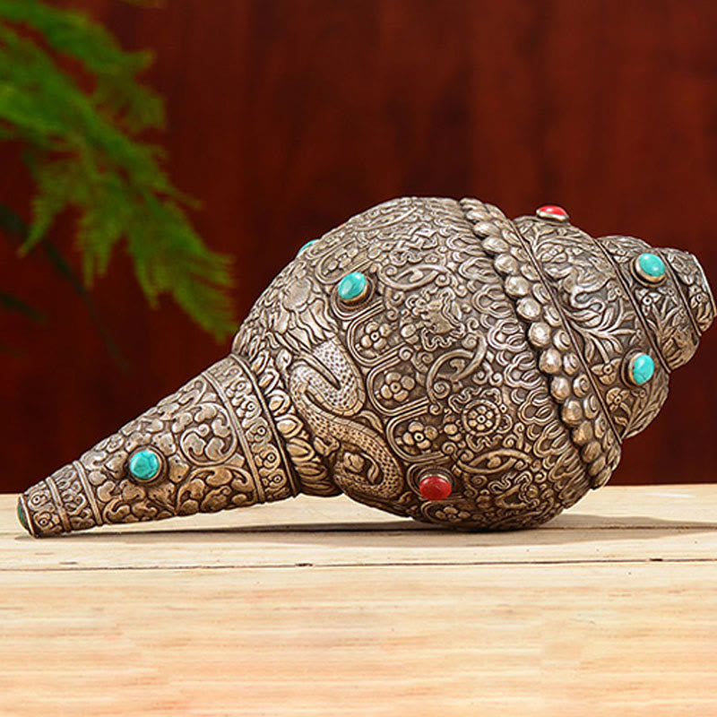 Buddha Stones Tibetan Handmade Natural Shankha Engraved Eight Auspicious Symbols Conch Shell Lucky Home Decoration Decorations BS 4