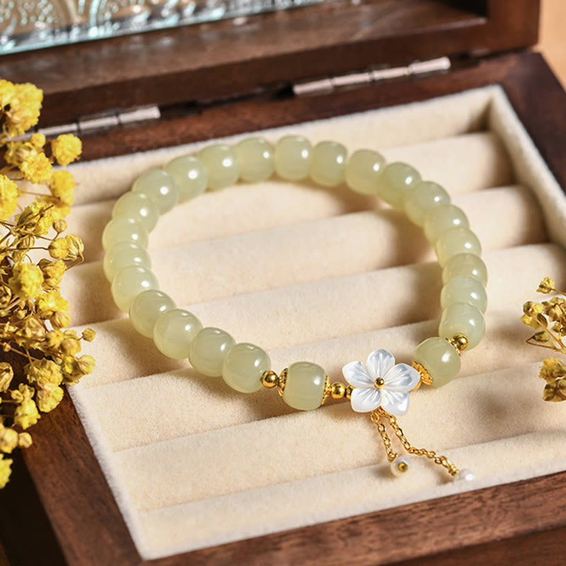 Buddha Stones 925 Sterling Silver Natural Hetian Jade Luck Flower Bracelet Bracelet BS 1
