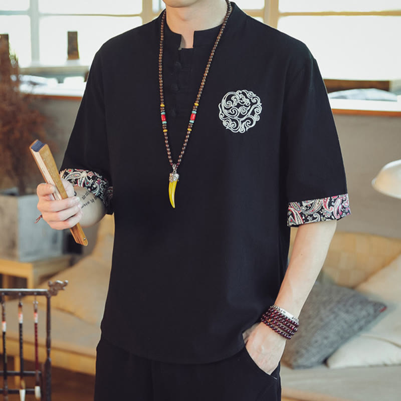 Buddha Stones Frog-Button Dragon Embroidery Chinese Tang Suit Short Sleeve Shirt Linen Men Clothing Men's Shirts BS 29