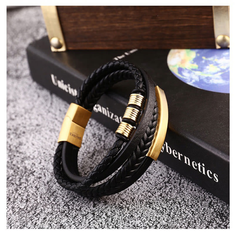 Buddha Stones Leather Multi-Layer Titanium Steel Balance Braided Magnetic Buckle Bracelet Bracelet BS 16