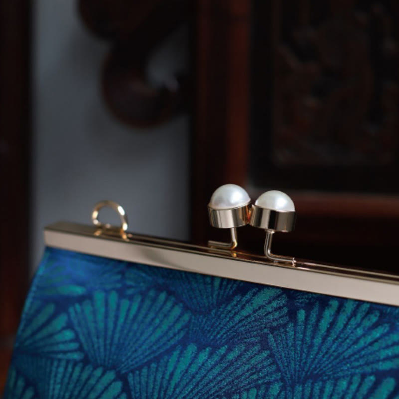 Buddha Stones Vintage Peacock Blue Leaf Pattern Pearl Metal Handbag Handbags BS 6