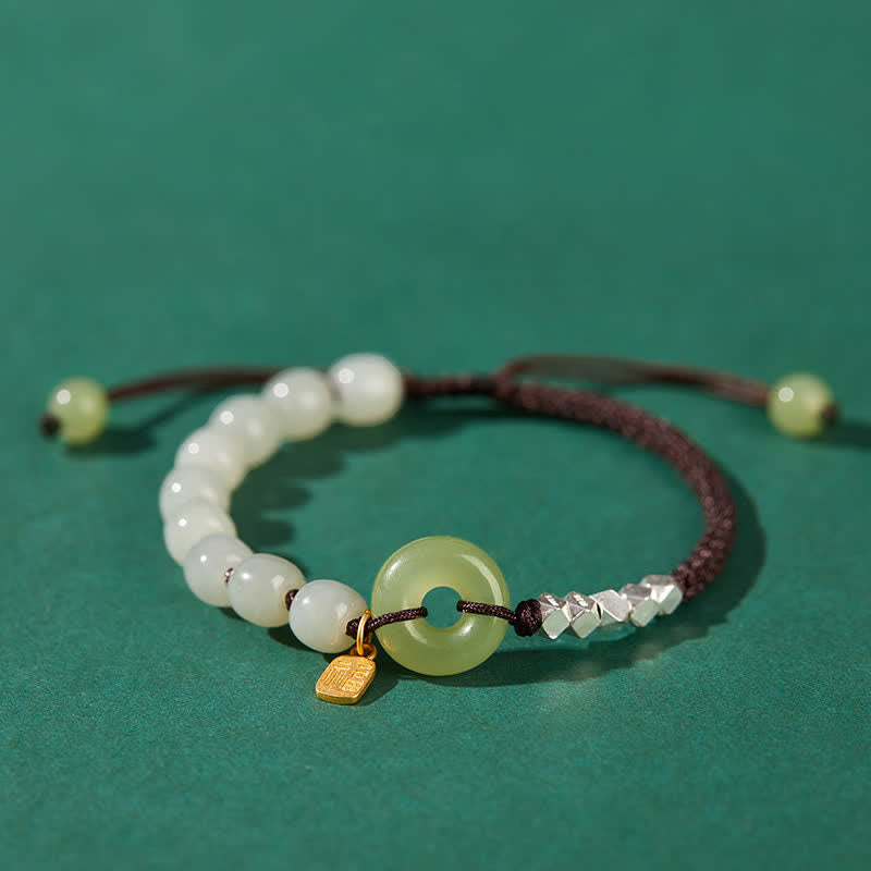 Buddha Stones 925 Sterling Silver Hetian Jade Peace Buckle Beaded Luck Happiness Charm Bracelet Bracelet BS Dark Brown