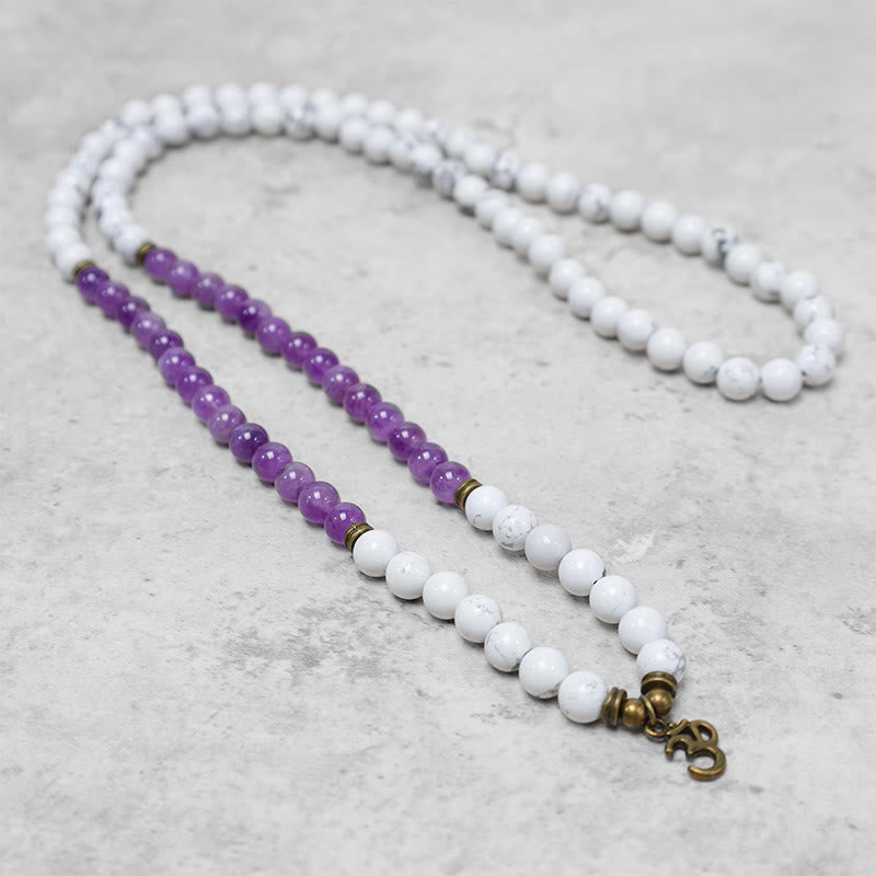 Buddha Stones 108 Mala Beads Amethyst White Turquoise OM Healing Meditation Energy Bracelet Bracelet BS 1
