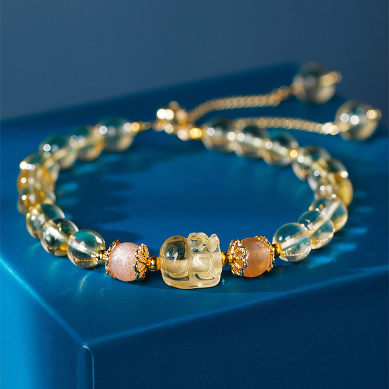 Buddha Stones Aquamarine Strawberry Quartz Amethyst Moonstone PiXiu Healing Bracelet Bracelet BS Citrine (Happiness ♥ Prosperity)