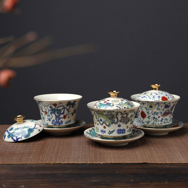 Buddha Stones Retro Plum Blossom Pine Bamboo Phoenix Kirin Ceramic Gaiwan Sancai Teacup Kung Fu Tea Cup and Saucer with Lid Cup BS main