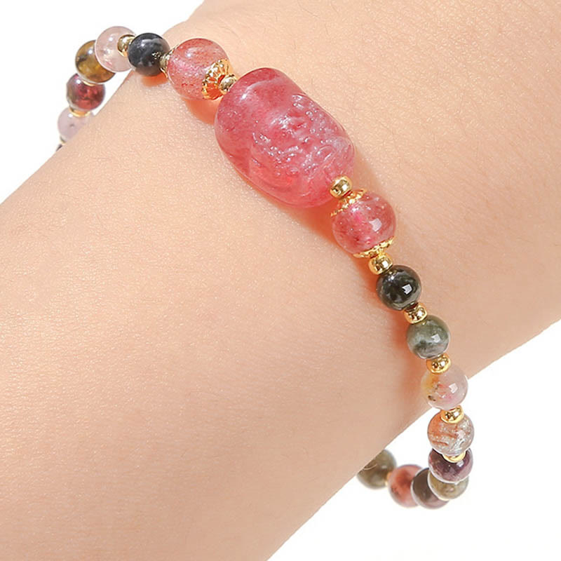 Buddha Stones Moonstone Strawberry Quartz Tourmaline PiXiu Healing Bracelet Bracelet BS 10