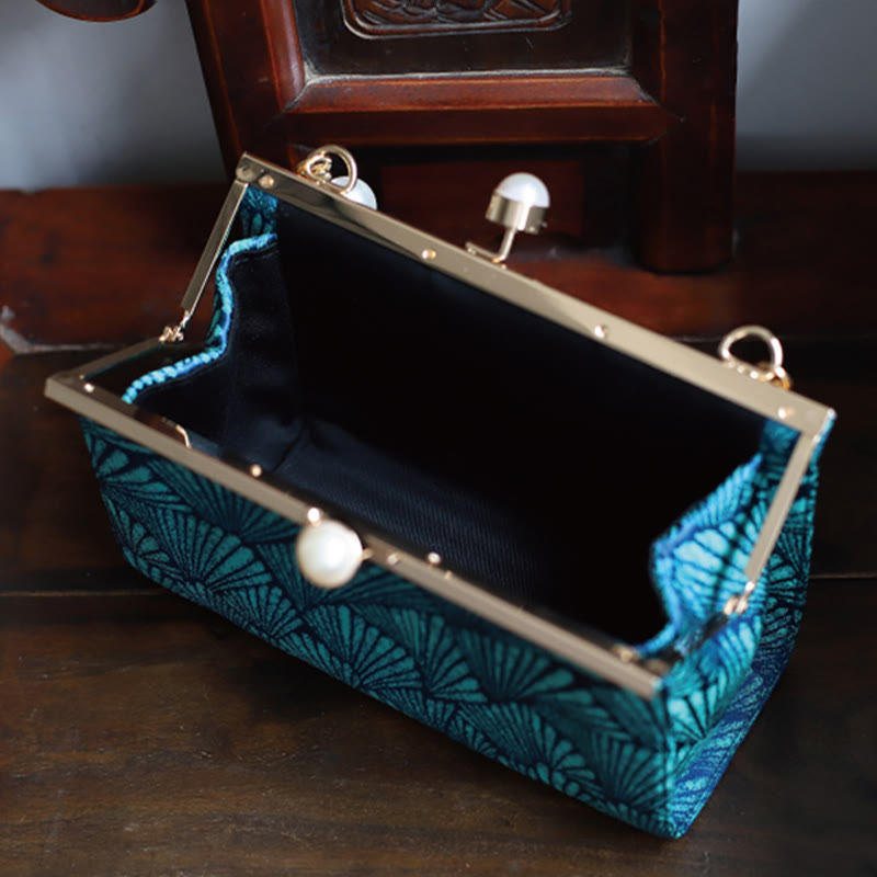 Buddha Stones Vintage Peacock Blue Leaf Pattern Pearl Metal Handbag Handbags BS 2
