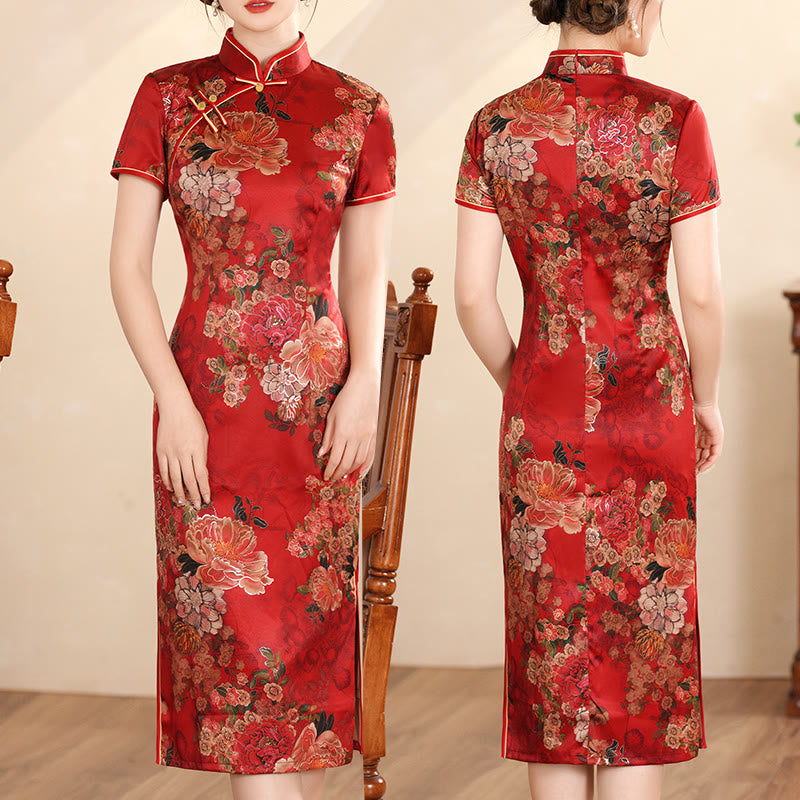 Buddha Stones Retro Flower Lotus Peony Feather Print Qipao Dress Women's Cheongsam Dress - Red Peony - US16,UK/AU20,EU48 (5XL) - image 16