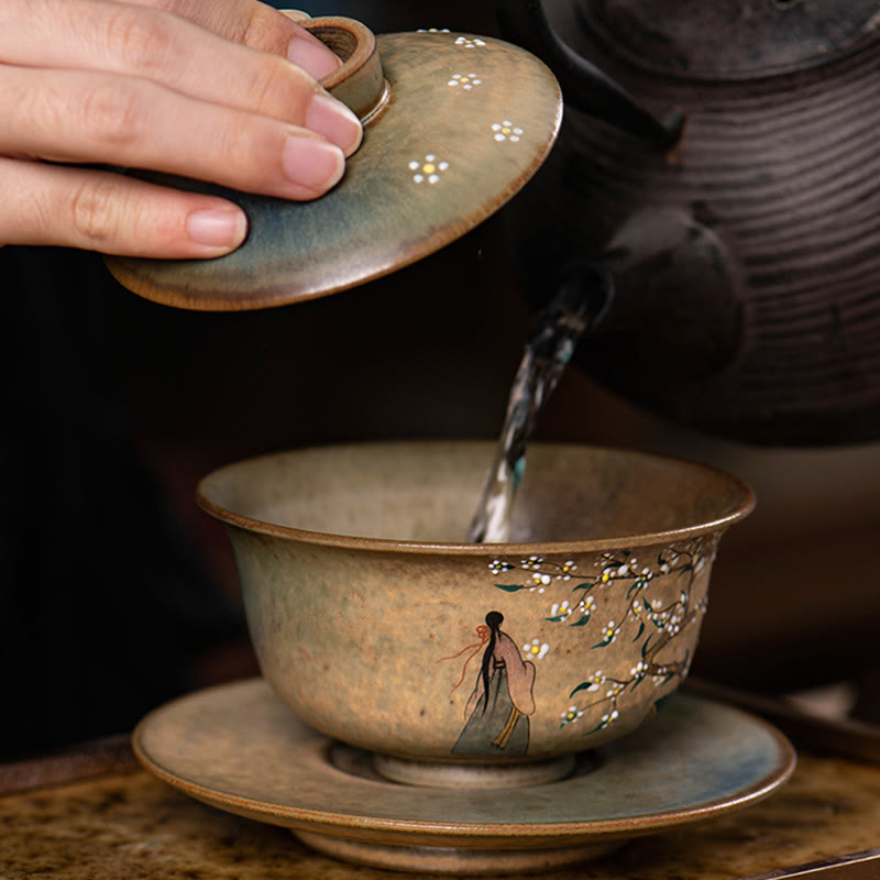 Buddha Stones Jingdezhen Hand Painted Ru Kiln Porcelain Hanfu Girl Flower Ceramic Gaiwan Sancai Teacup Kung Fu Tea Cup And Saucer With Lid Cup BS 10
